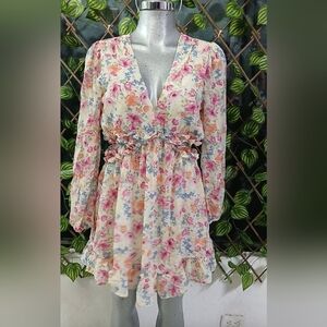 privy Cream Floral V-Neck Long Sleeve Ruffle Mini Dress